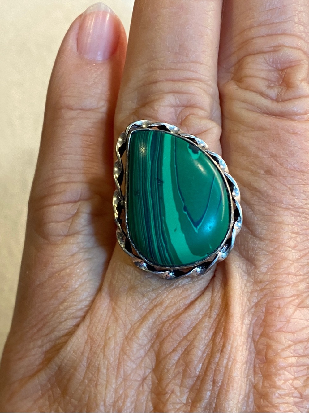 Vintage Sterling Silver Malachite Statement Ring Size 8